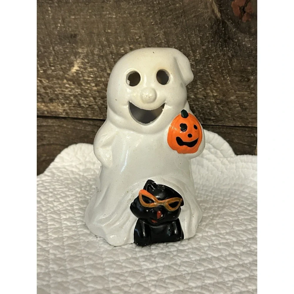 Vtg Kmart Halloween White Ghost JackOLantern & Black Cat Candle Holder‎